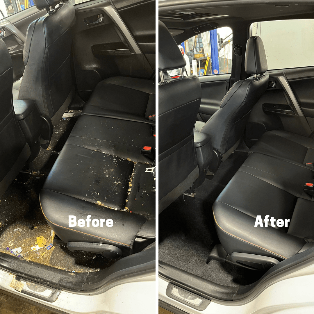 Before and after comparison of interior of a black car for interior detailing