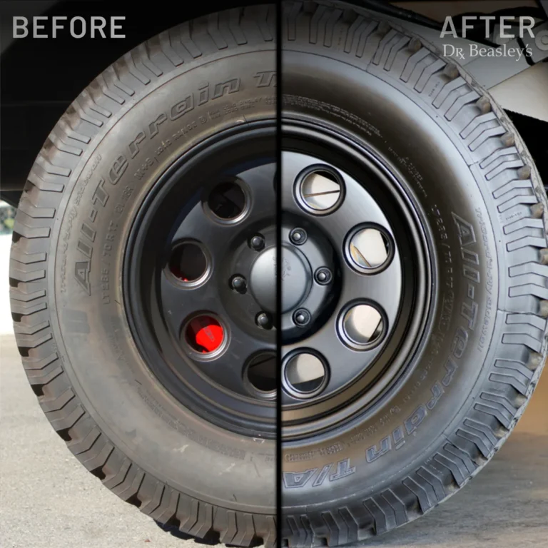 Before and after image of a tire being polished and cleaned