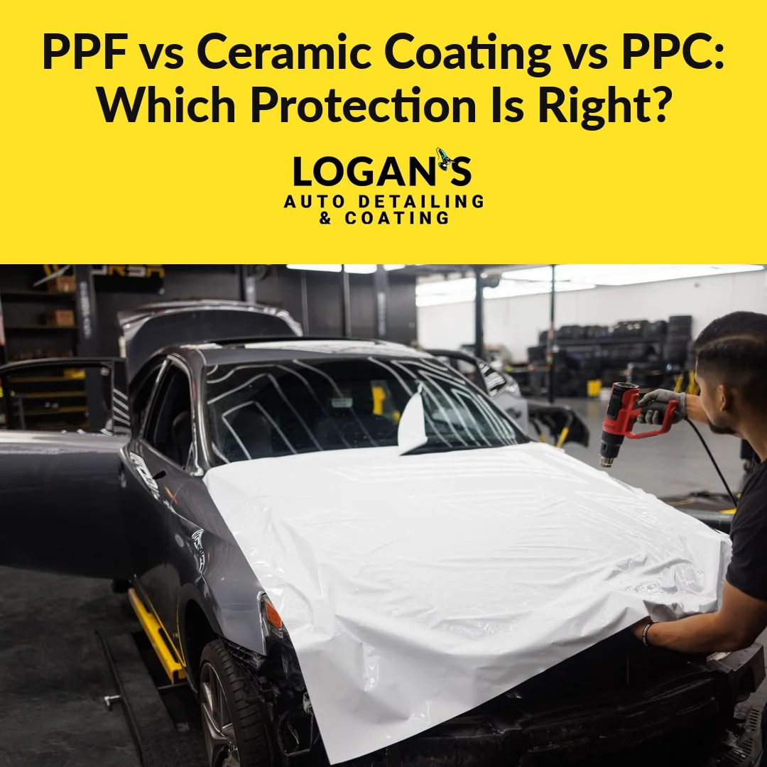 Installer preparing a car panel for paint protection — PPF vs ceramic coating vs Icon Rocklear PPC comparison by Logan's Auto Detailing, Los Angeles